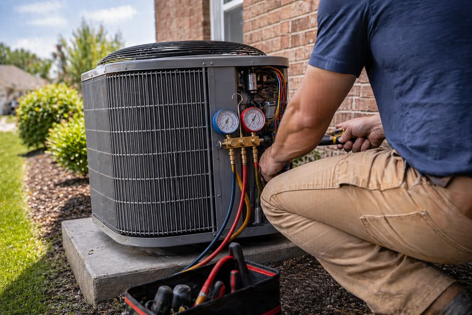 Residential AC condenser outside an Irvine, CA home in Woodbridge
