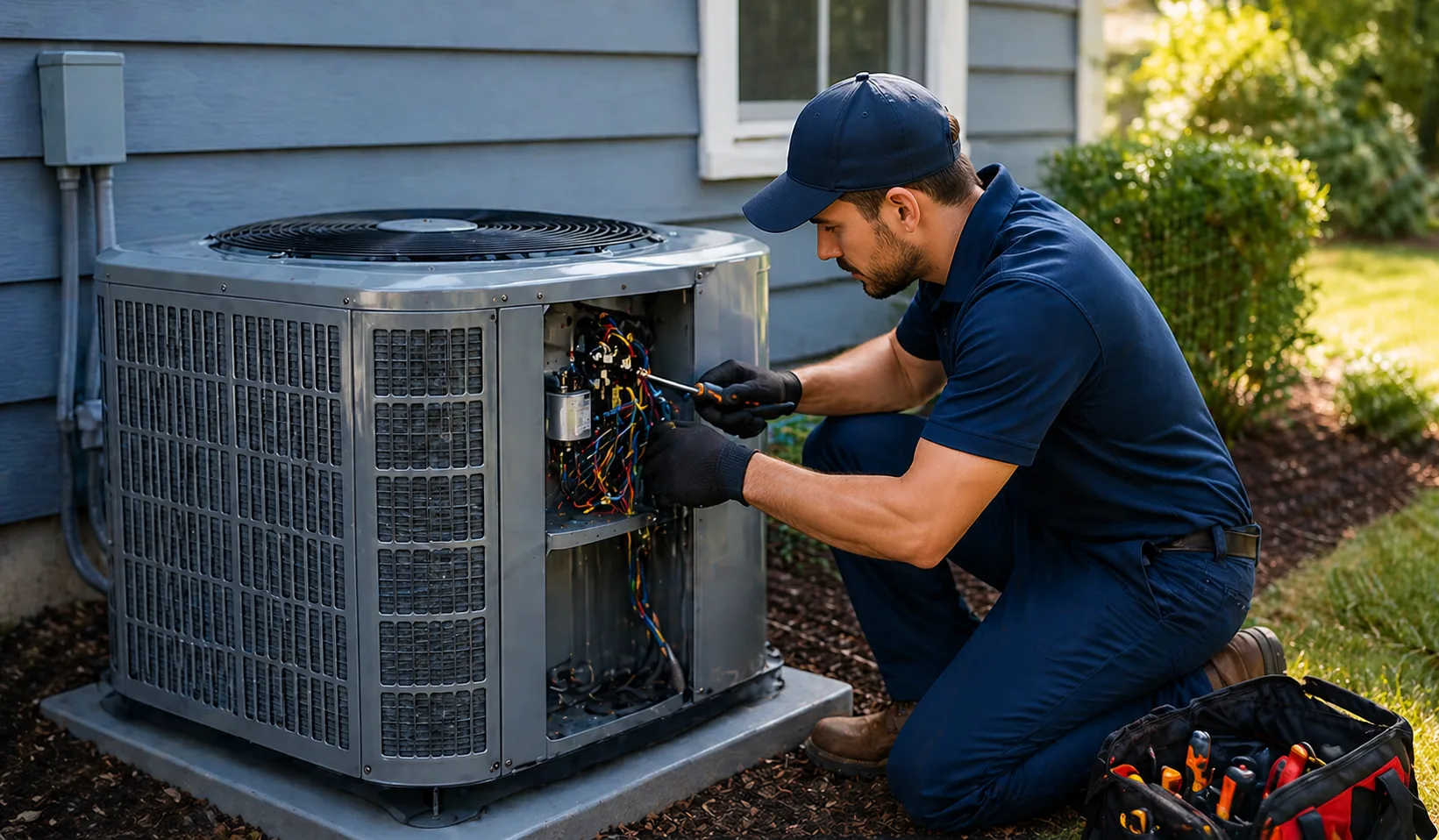 Irvine HVAC technician checking a residential AC condenser with gauges